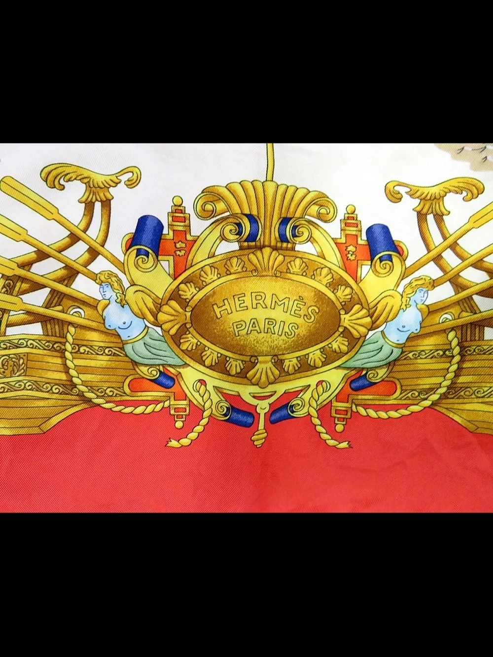 Hermes Silk Scarf Red, Cream, Gold, Blue